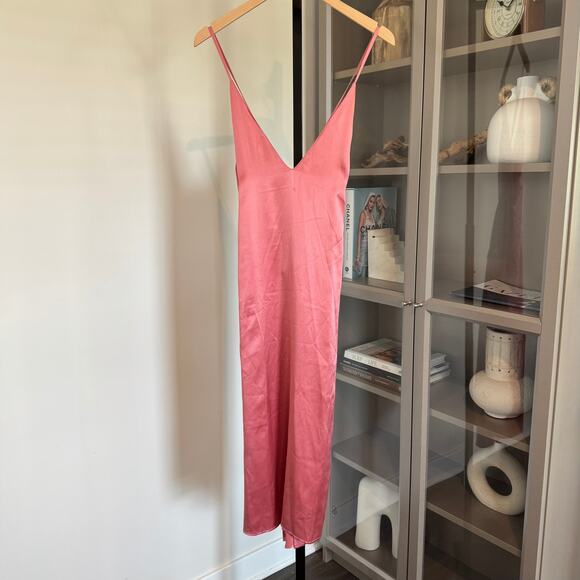 Reformation Liza Silk Dress NEW Valentine Pink V-Neck Knee Length Slip Dress 8 - Picture 2 of 7